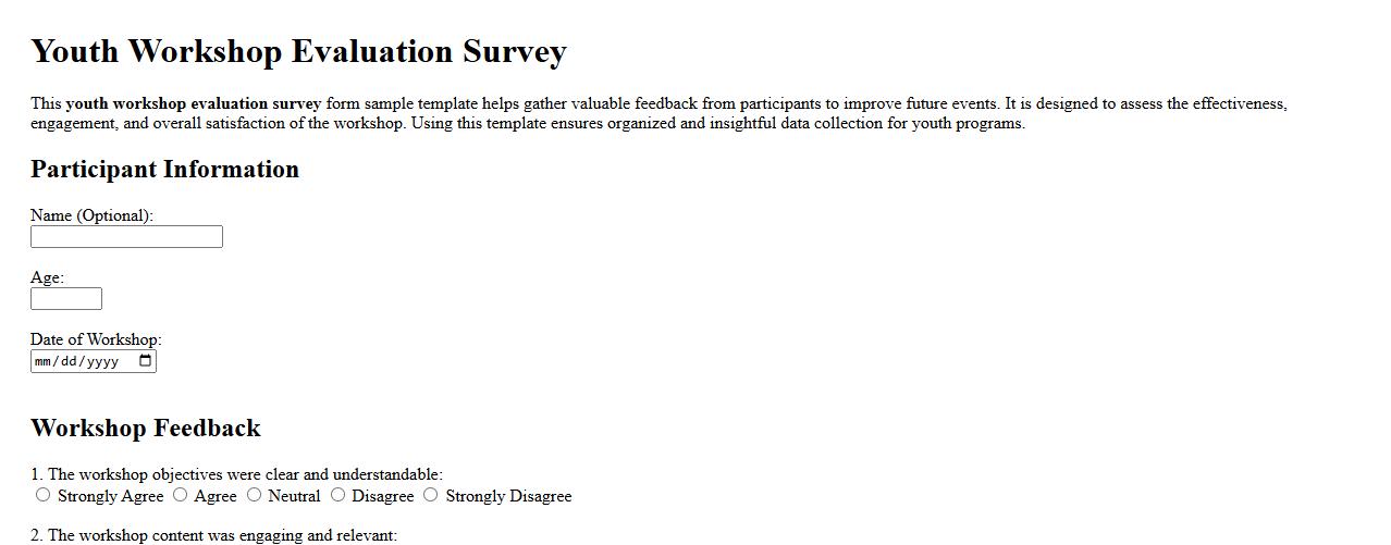 youth workshop evaluation survey form sample template image preview