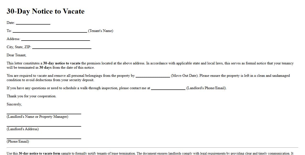 30-day notice to vacate form sample for landlord termination image preview