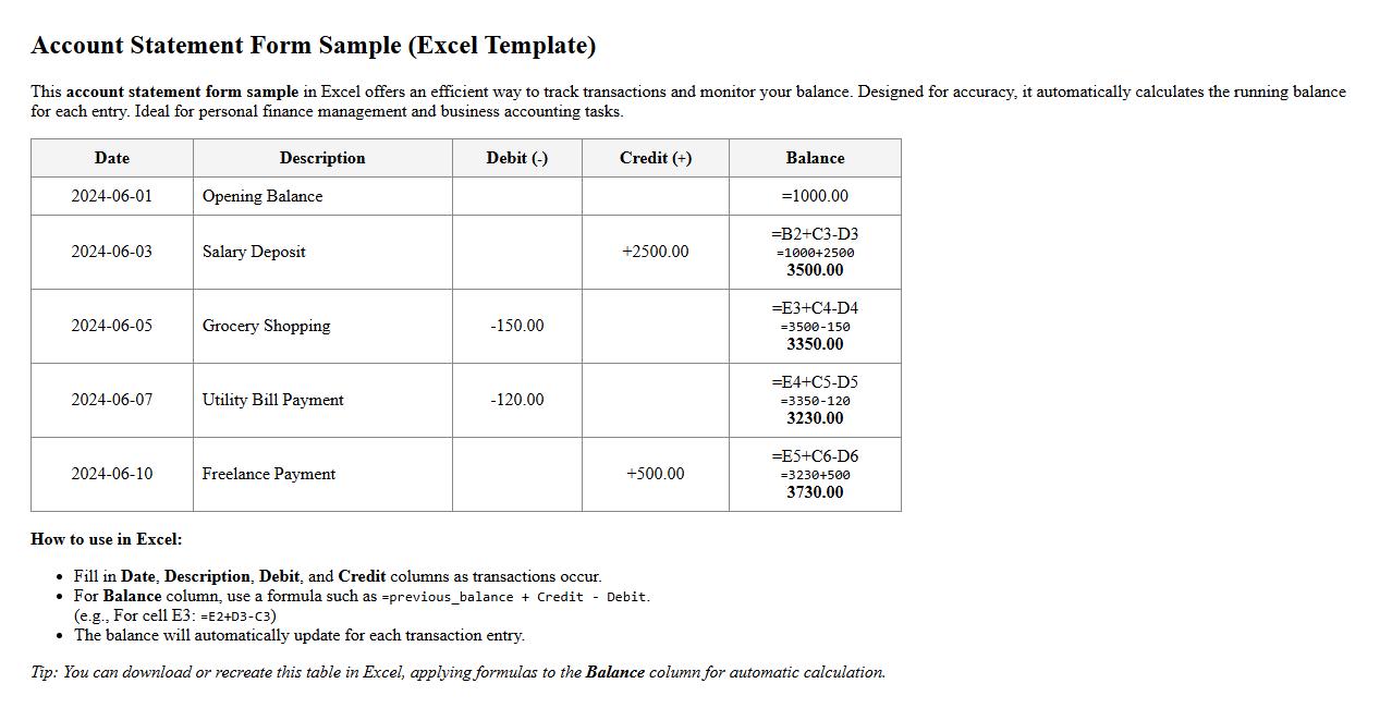 account statement form sample excel with balance calculation image preview