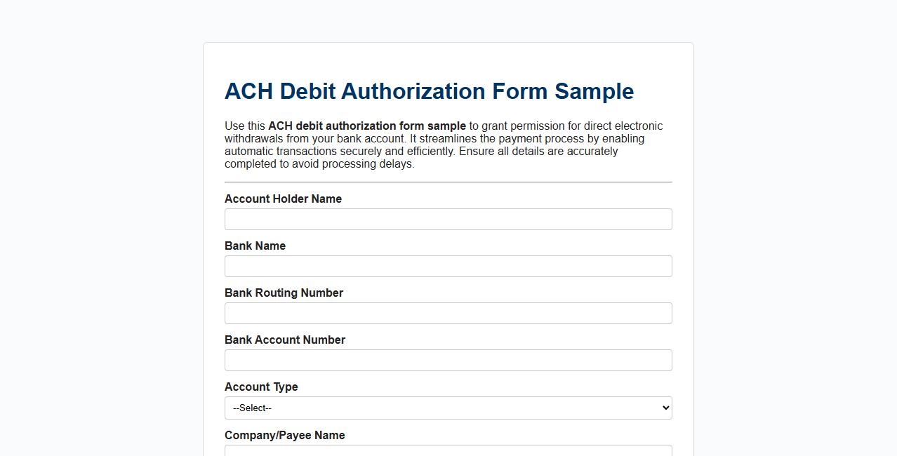 ACH debit authorization form sample image preview