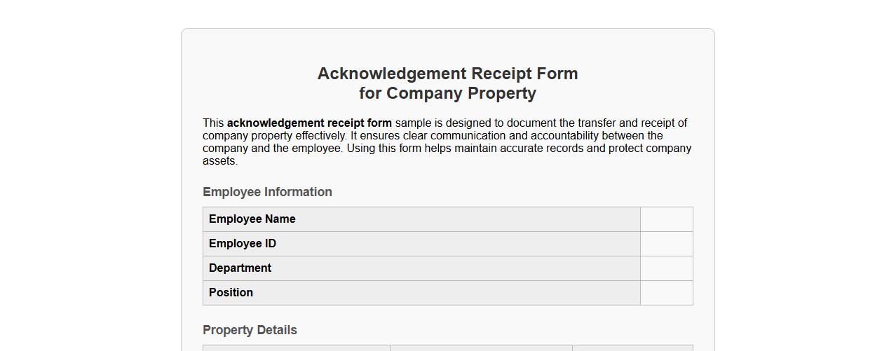 Acknowledgement receipt form sample for company property image preview