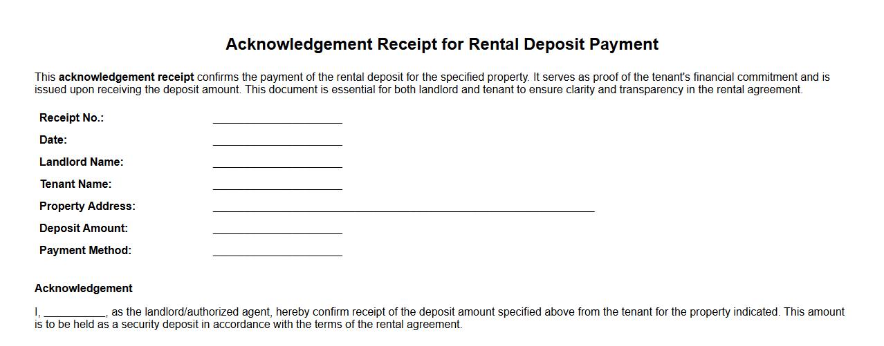 Acknowledgement receipt for rental deposit payment image preview