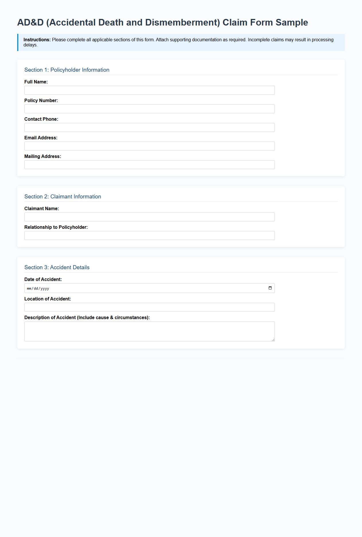 ad&d (accidental death and dismemberment) claim form sample image preview
