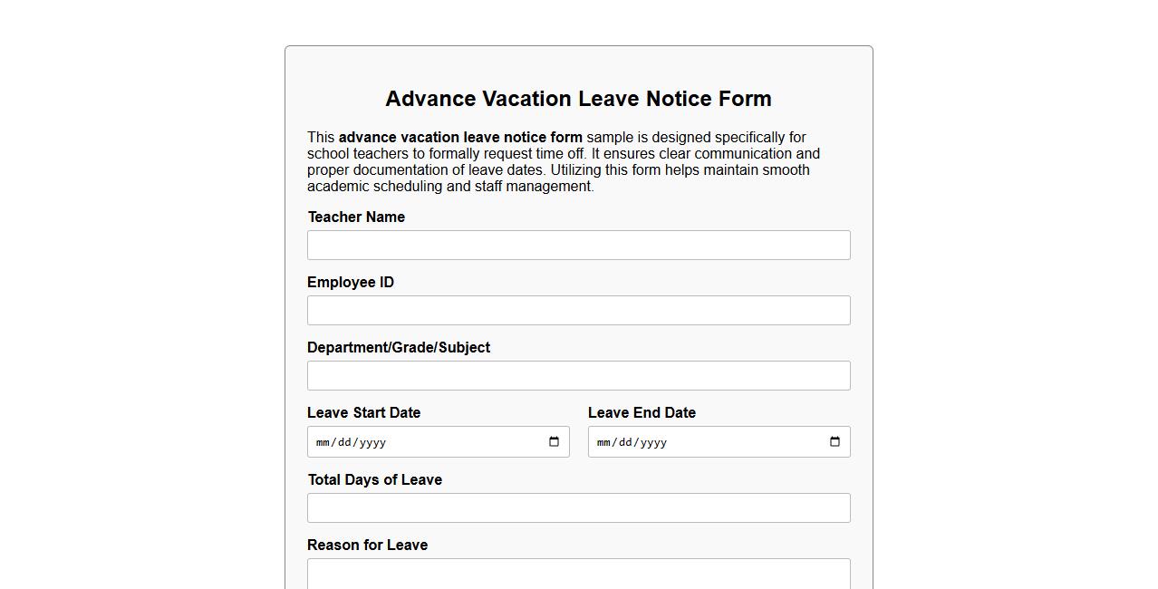 advance vacation leave notice form sample for school teachers image preview