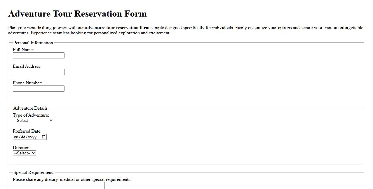 Adventure tour reservation form sample for individuals image preview