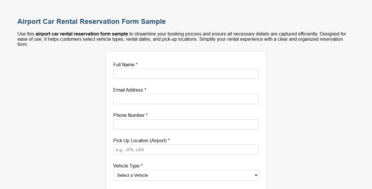 airport car rental reservation form sample image preview