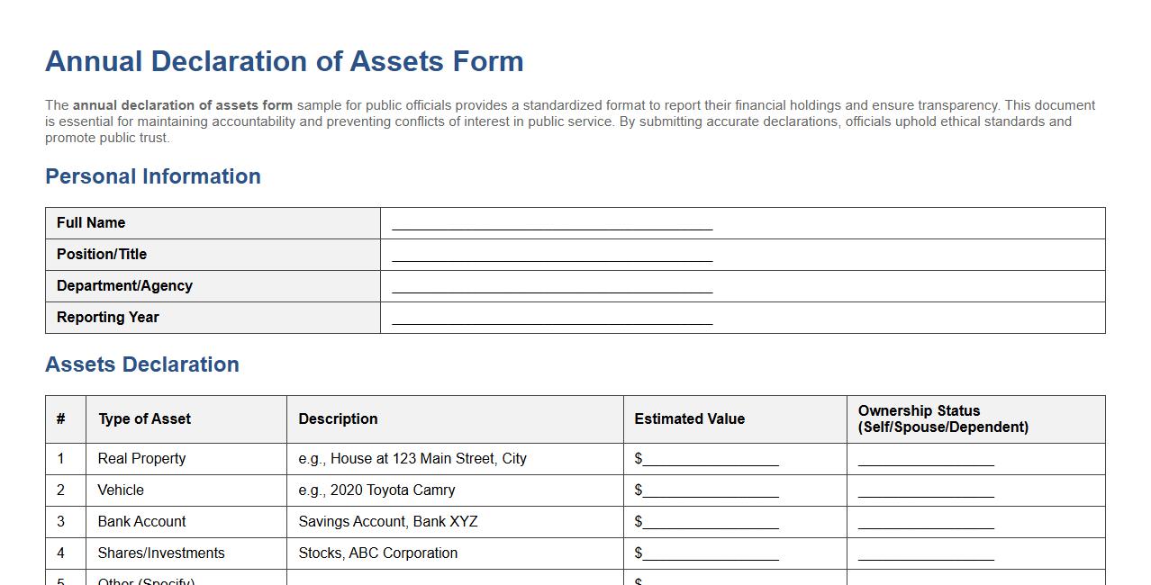 Annual declaration of assets form sample for public officials image preview