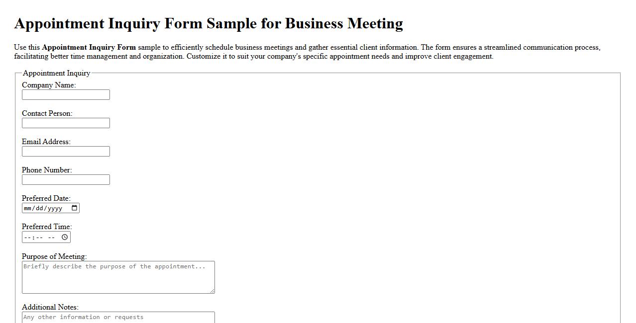 Appointment Inquiry Form Sample for Business Meeting image preview