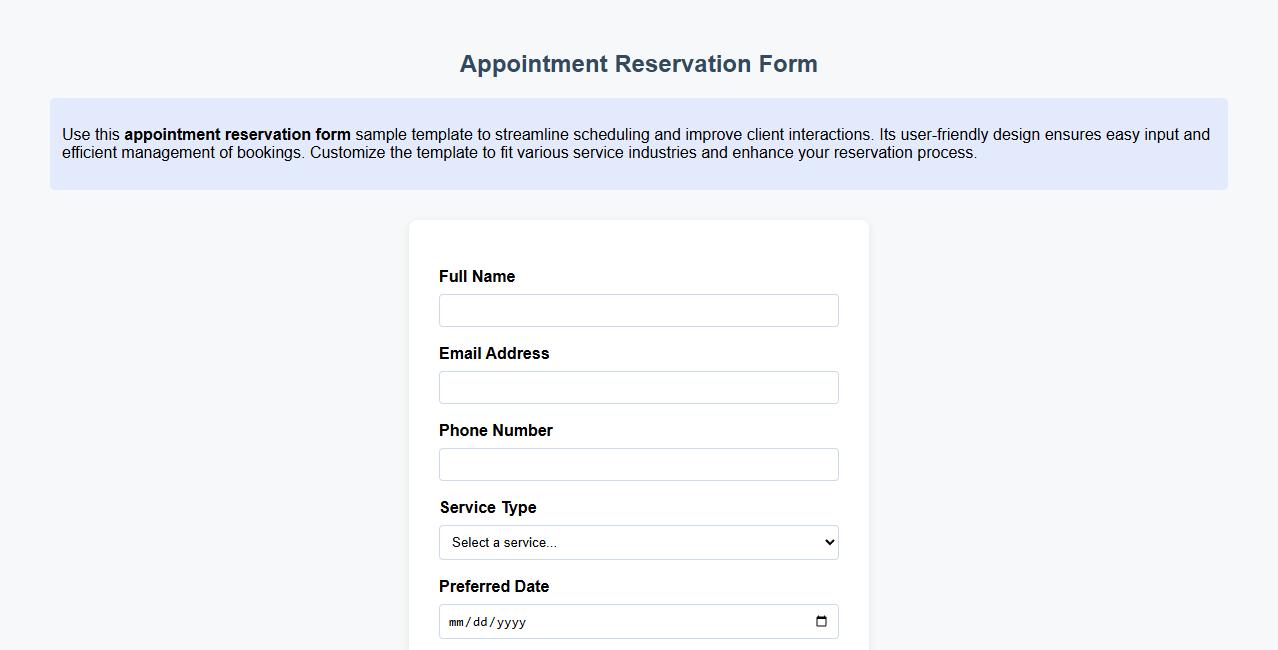 appointment reservation form sample template image preview