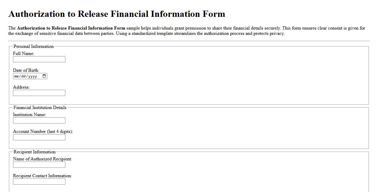 Authorization to Release Financial Information Form Sample image preview
