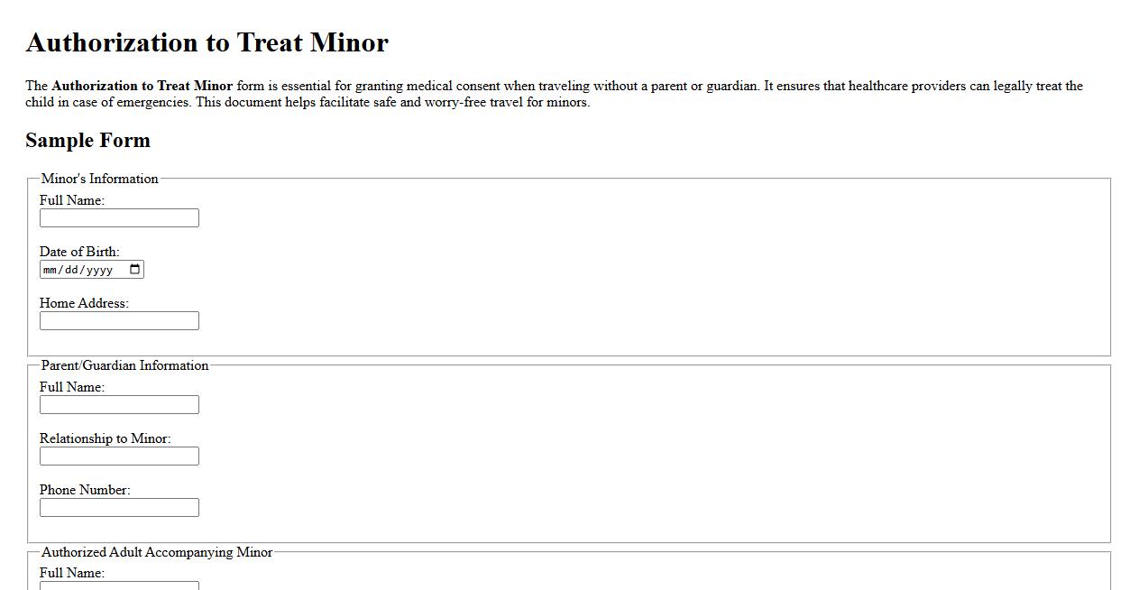 Authorization to treat minor form sample for travel image preview