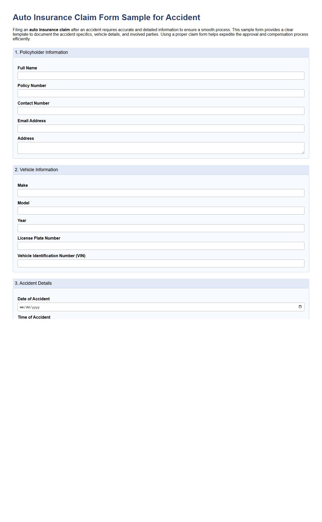 Auto insurance claim form sample for accident image preview