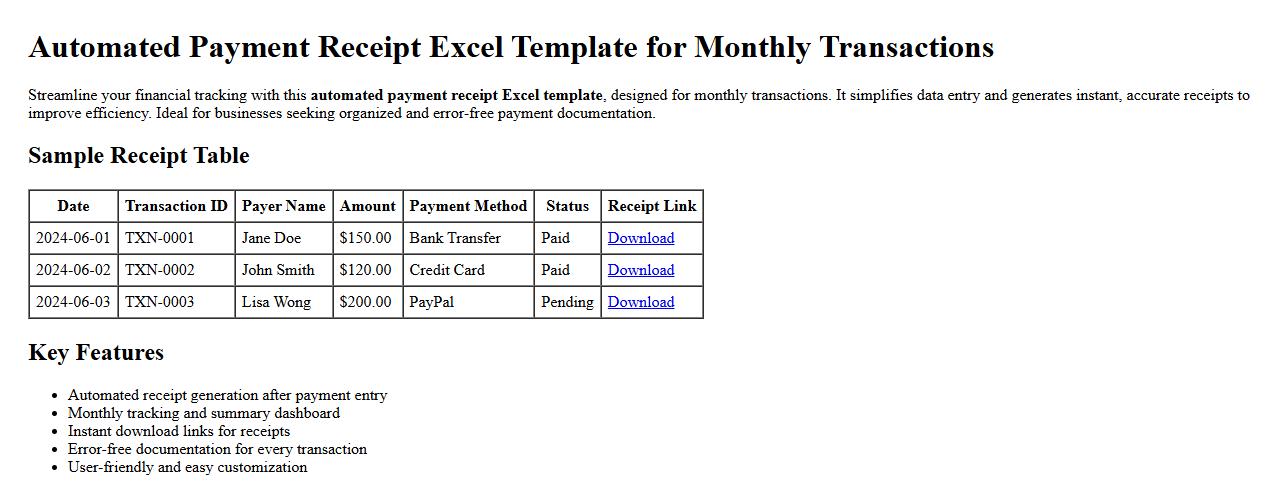automated payment receipt excel template for monthly transactions image preview