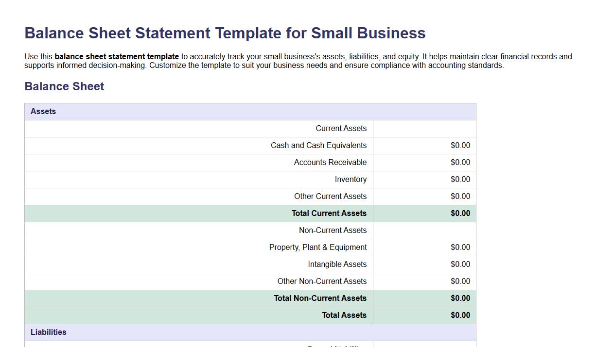 Balance sheet statement template for small business image preview