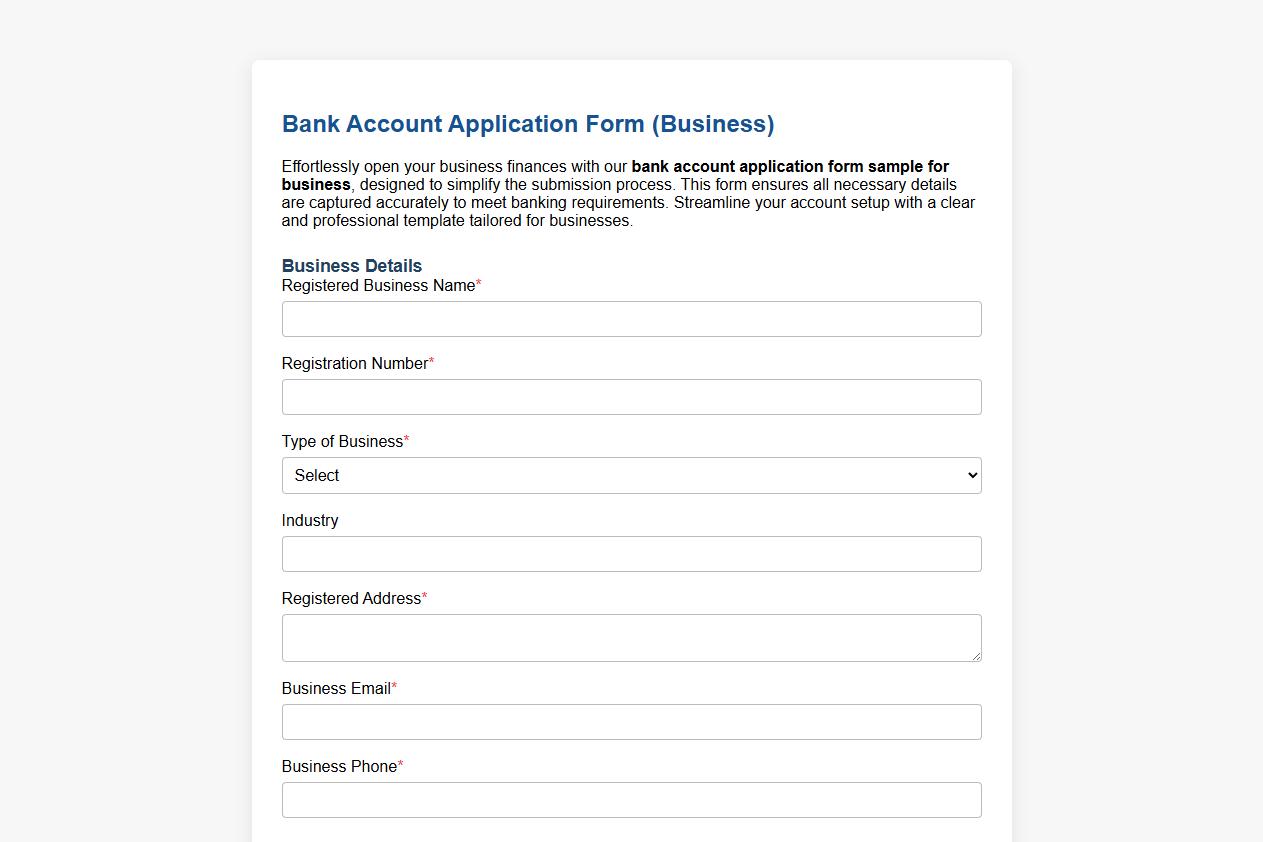 Bank account application form sample for business image preview