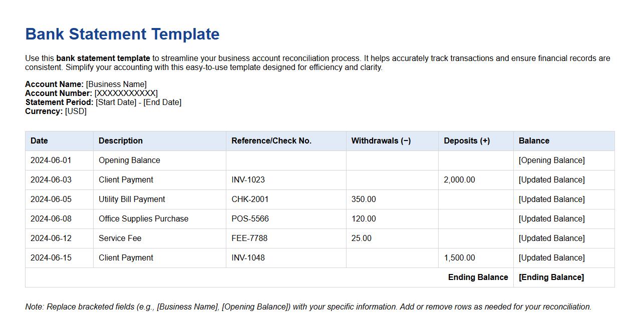 Bank statement template for business account reconciliation image preview