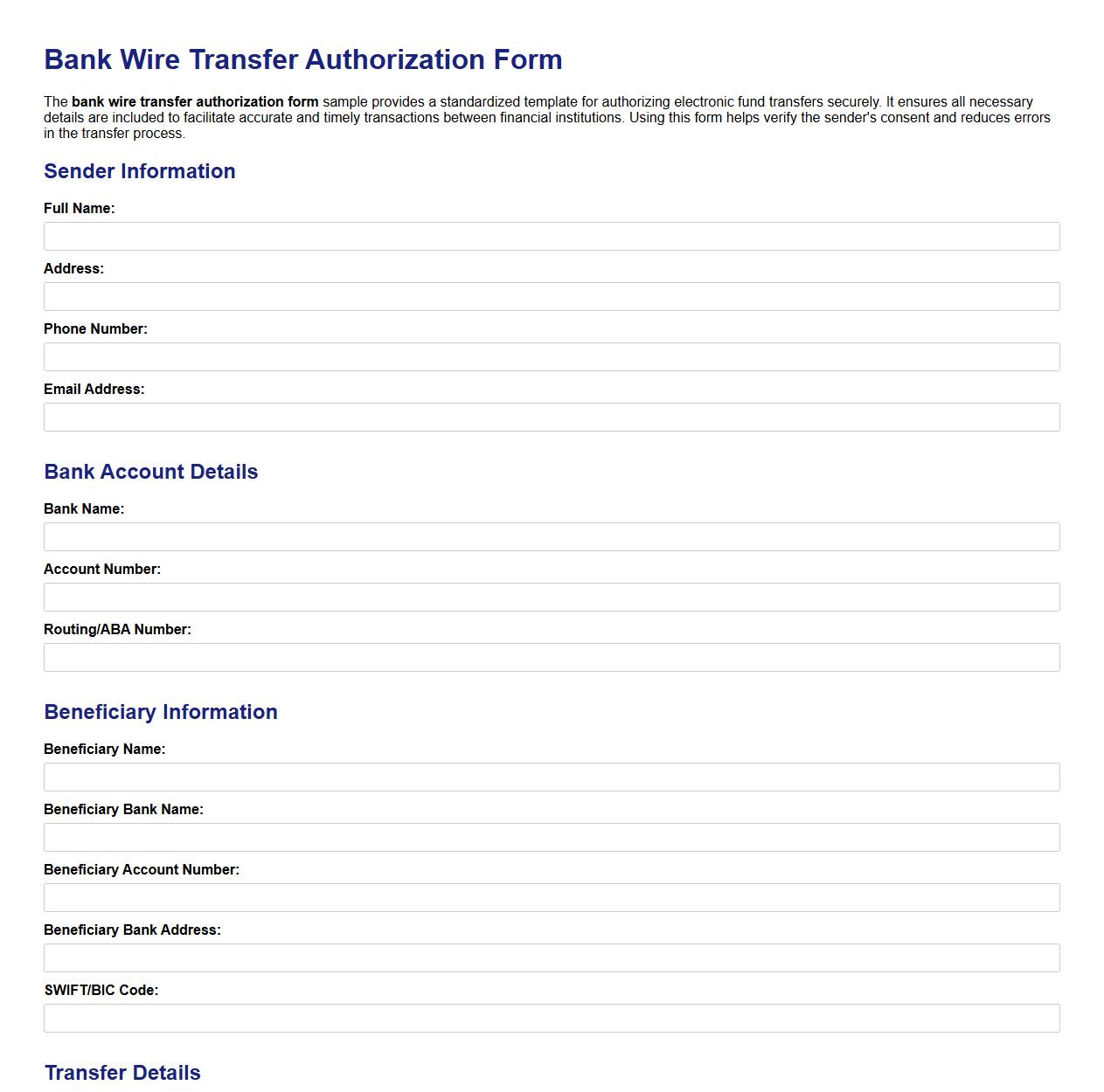 bank wire transfer authorization form sample image preview