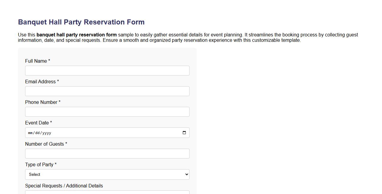 Banquet hall party reservation form sample image preview
