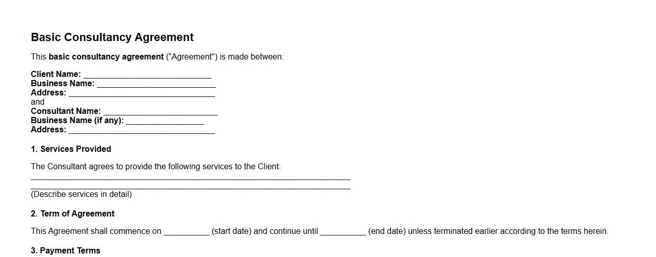Basic consultancy agreement form sample for small businesses image preview