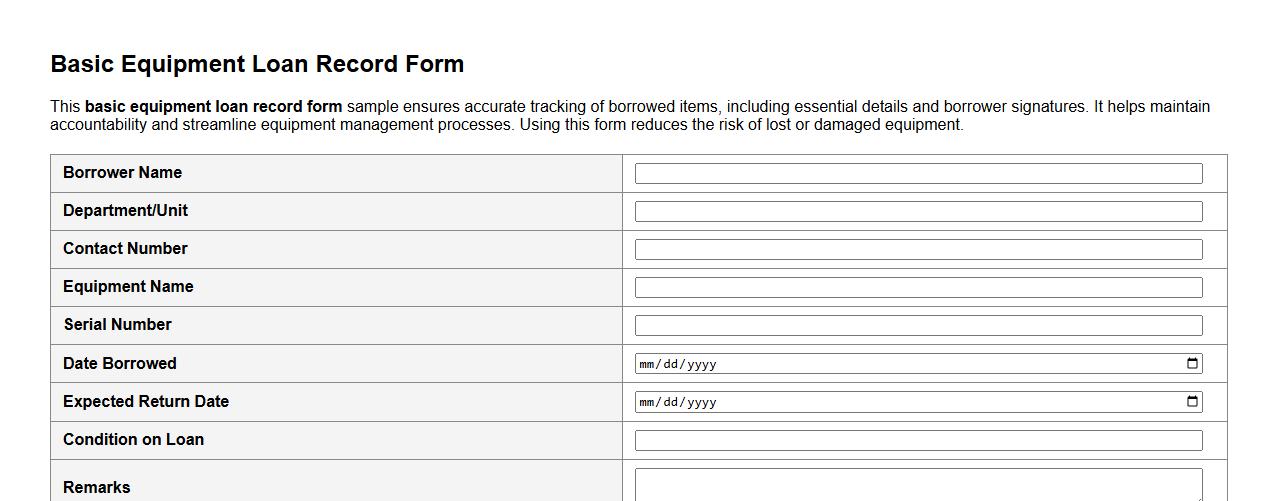 basic equipment loan record form sample with signature image preview