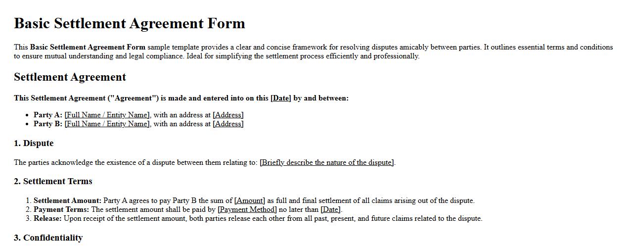 Basic Settlement Agreement Form Sample Template image preview