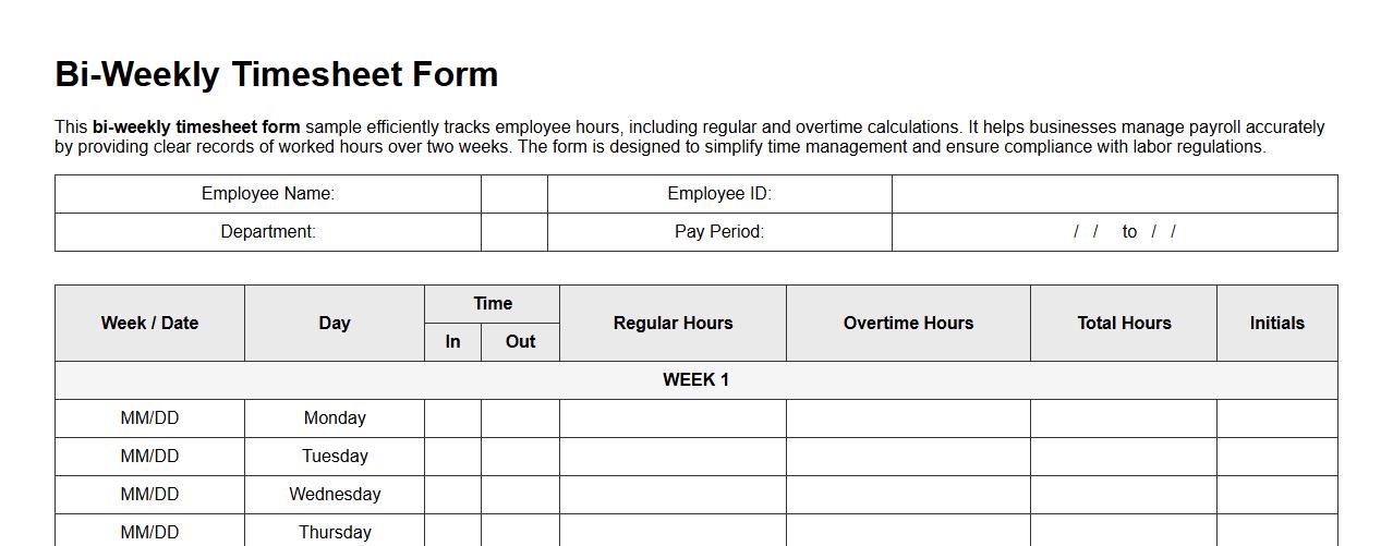 bi-weekly timesheet form sample with overtime calculation image preview