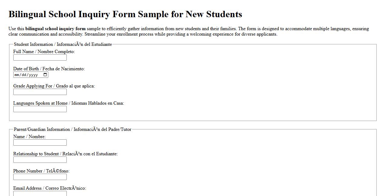 Bilingual school inquiry form sample for new students image preview