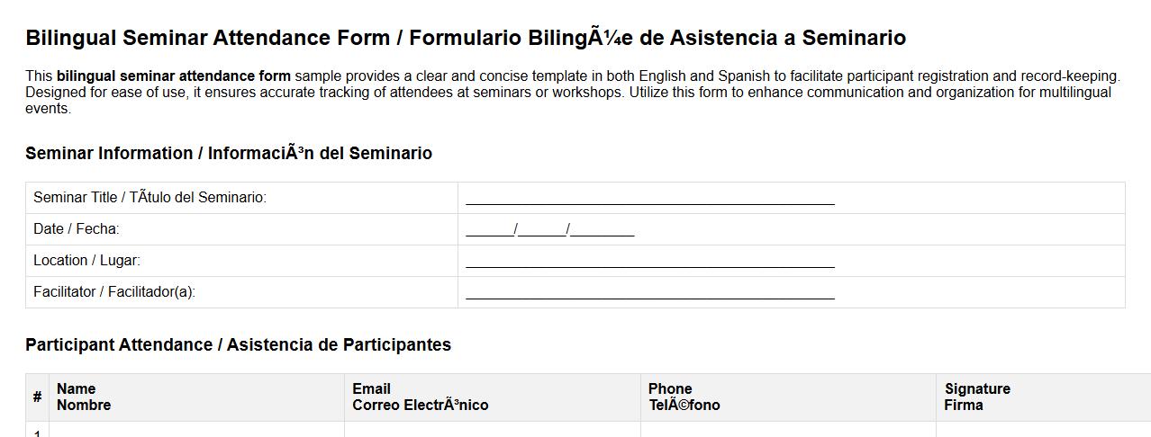 bilingual seminar attendance form sample in English and Spanish image preview