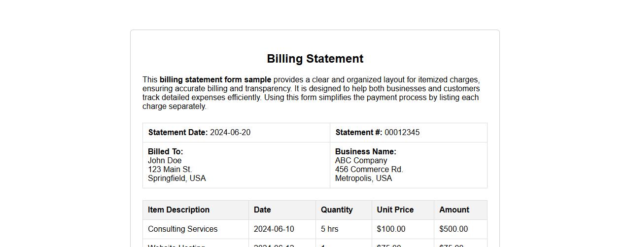 Billing statement form sample with itemized charges image preview