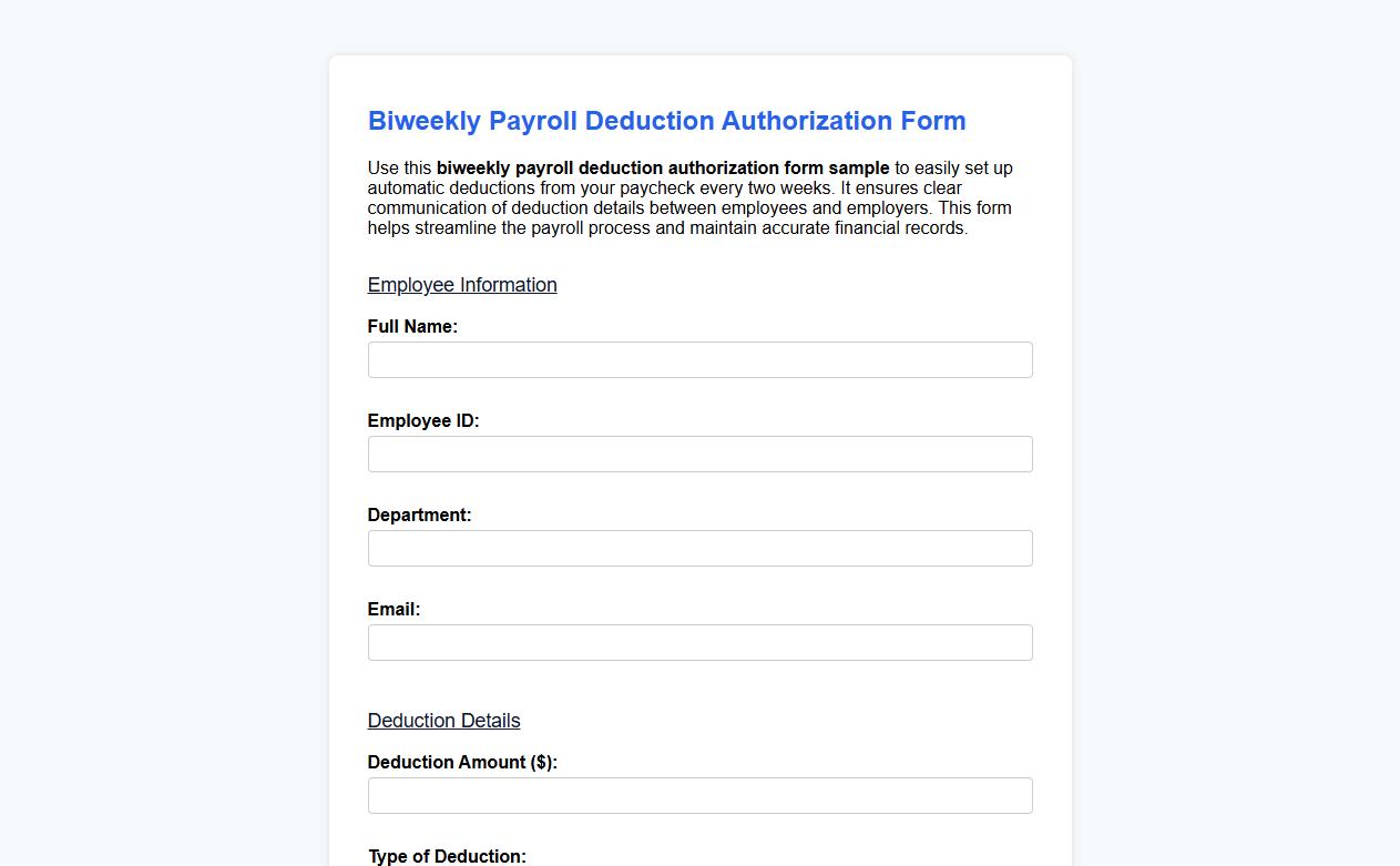 Biweekly payroll deduction authorization form sample image preview