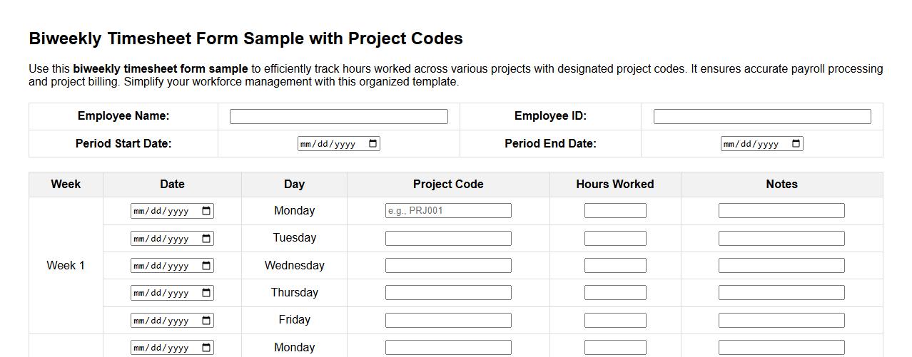 Biweekly timesheet form sample with project codes image preview
