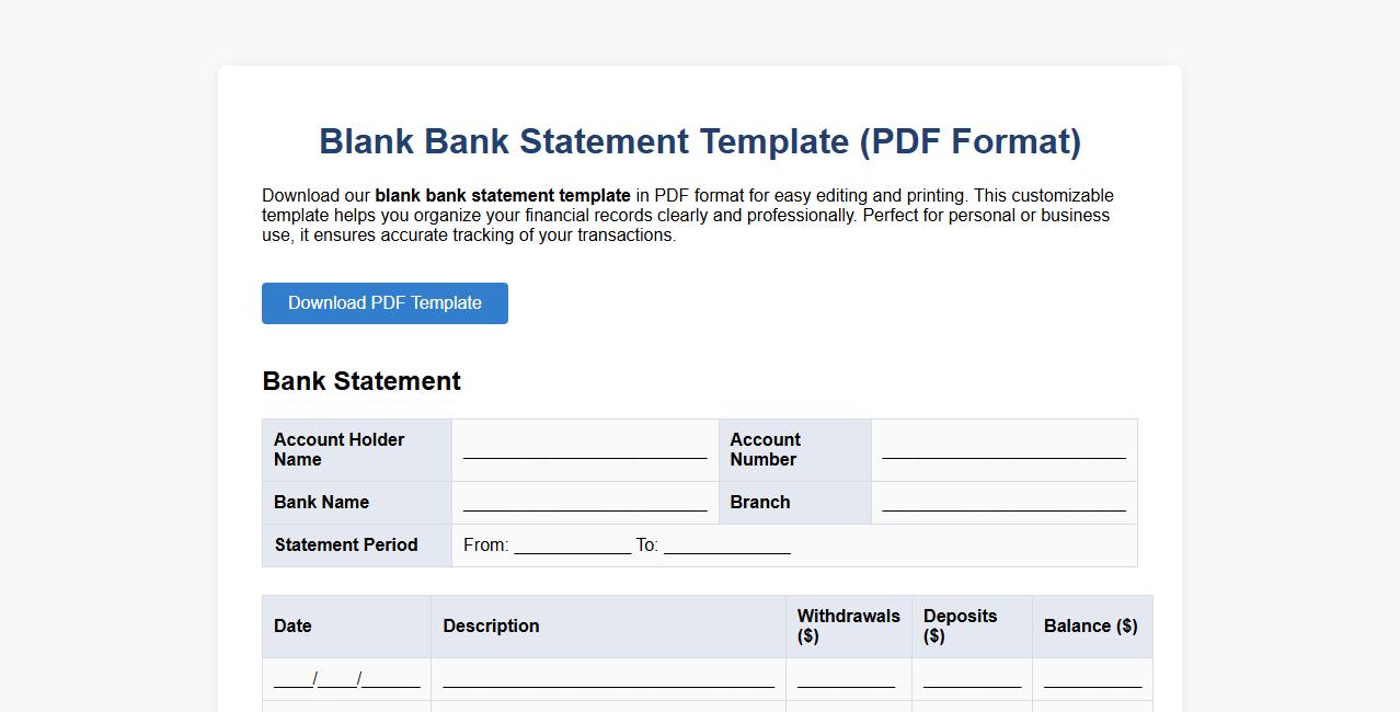 Blank bank statement template for PDF format image preview