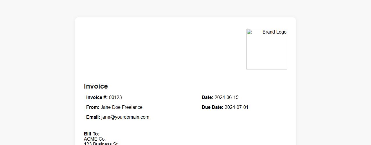 Branded freelance invoice template with logo image preview
