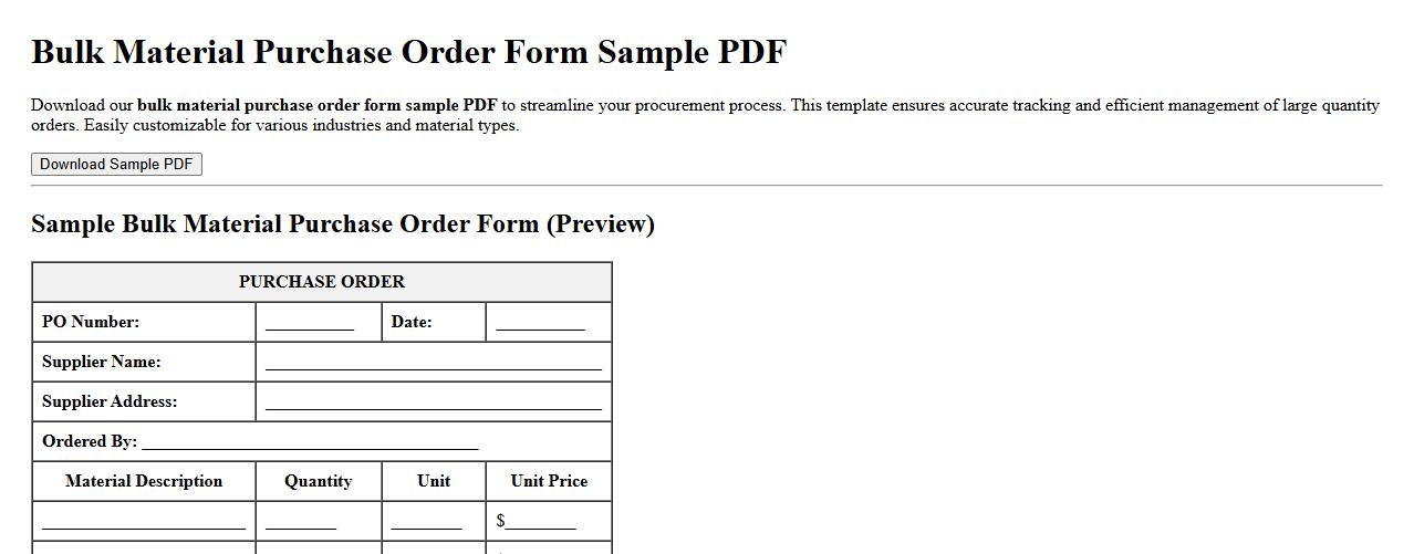 bulk material purchase order form sample PDF image preview