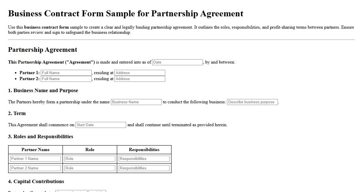 Business contract form sample for partnership agreement image preview