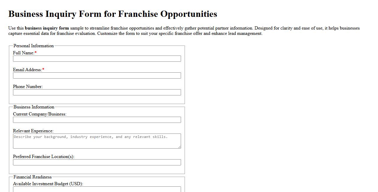 Business inquiry form sample for franchise opportunities image preview