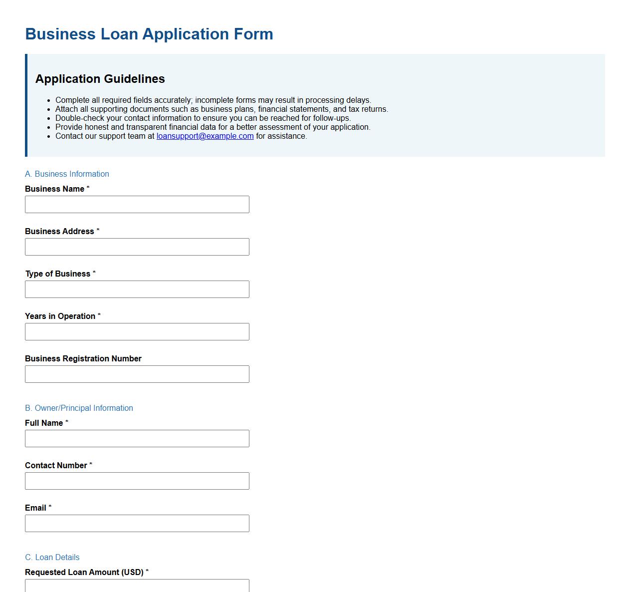 Business loan application form sample with guidelines image preview