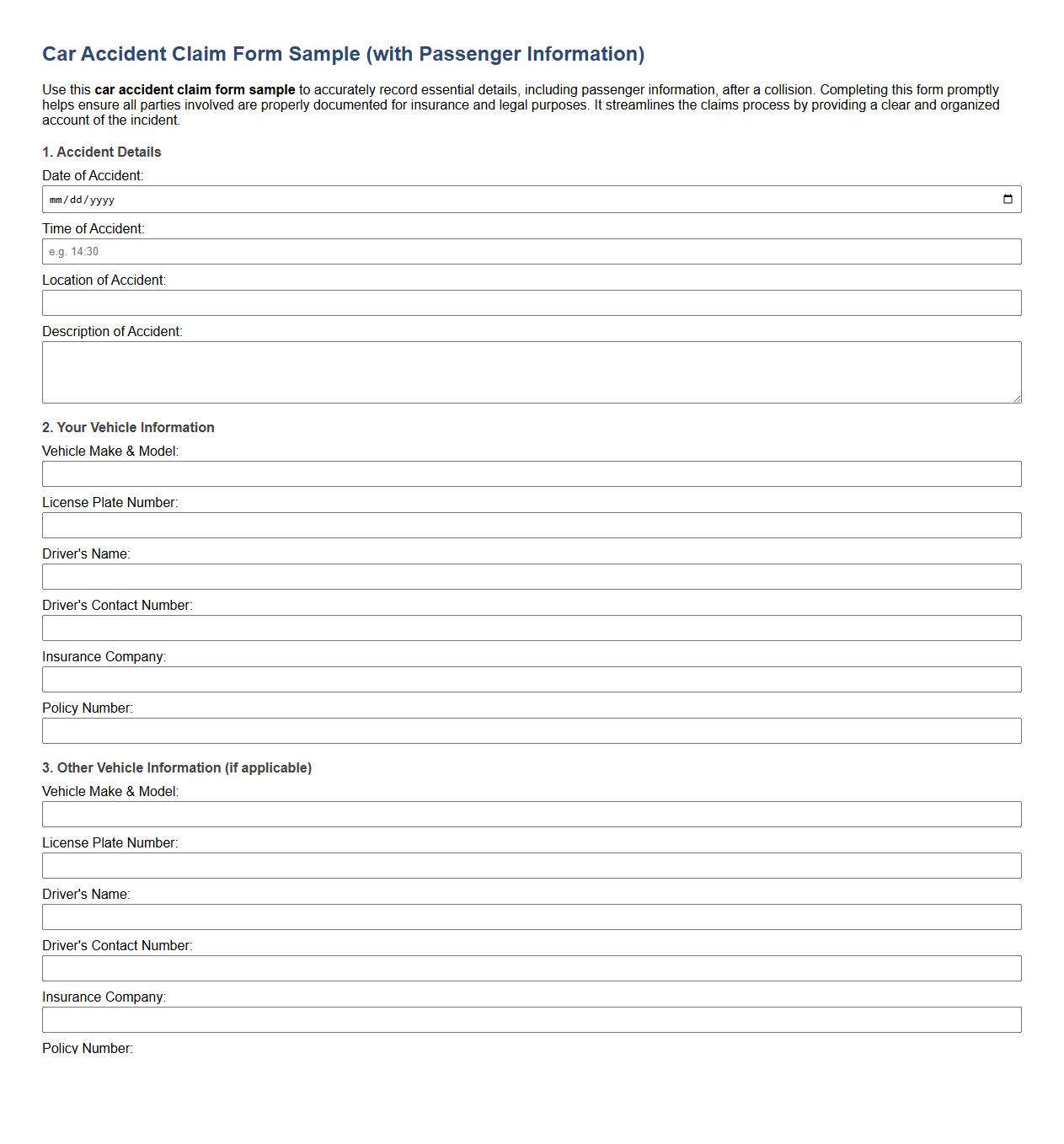 Car accident claim form sample with passenger information image preview