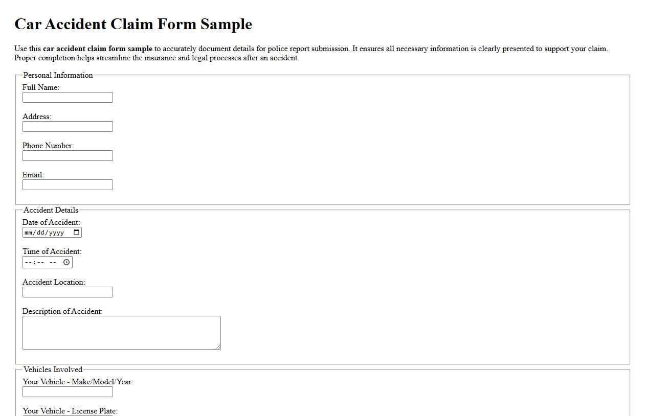 Car accident claim form sample for police report submission image preview