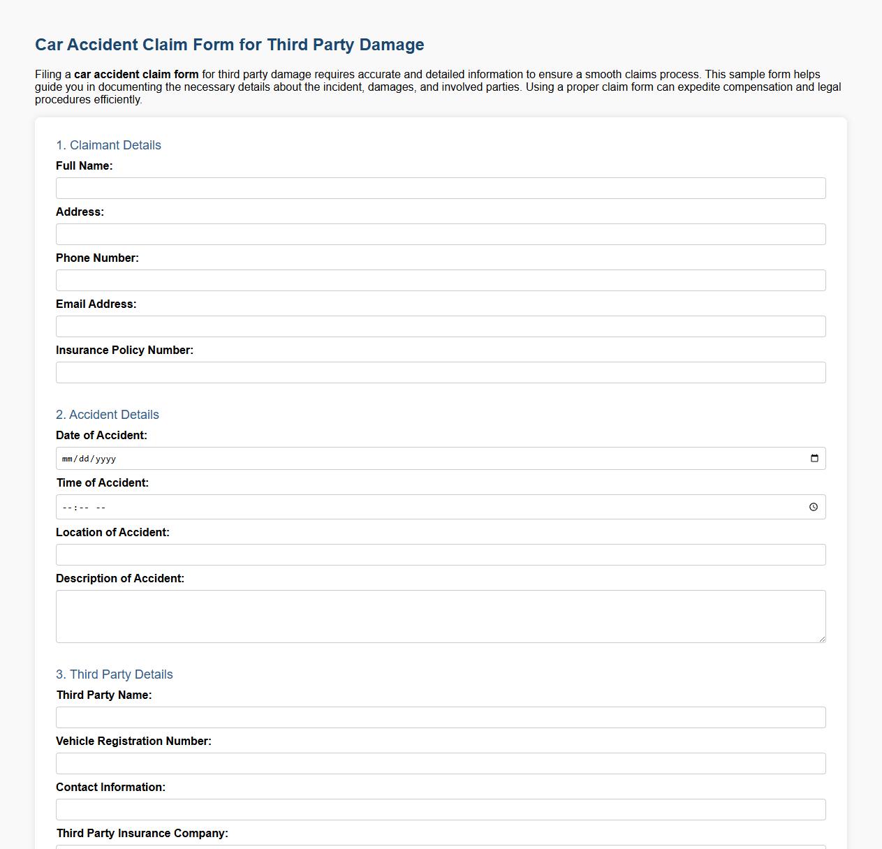 Car accident claim form sample for third party damage image preview