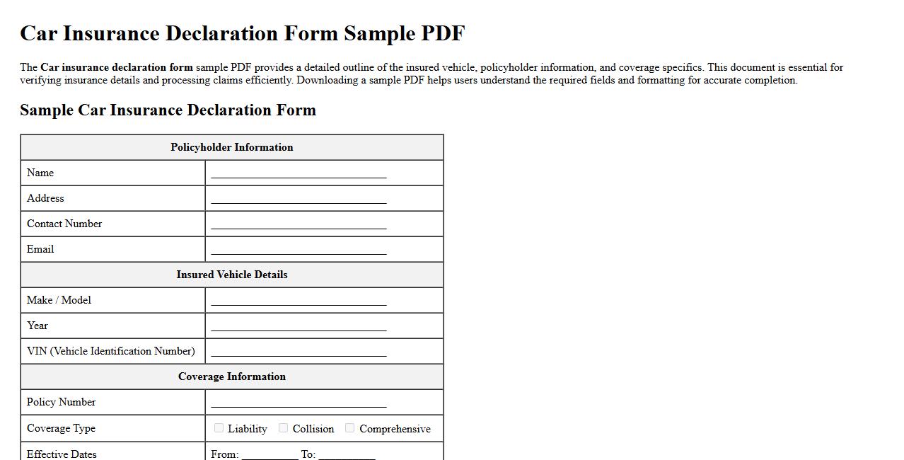 Car insurance declaration form sample PDF image preview
