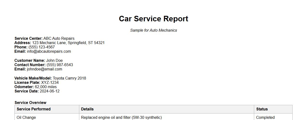 Car service report sample for auto mechanics image preview