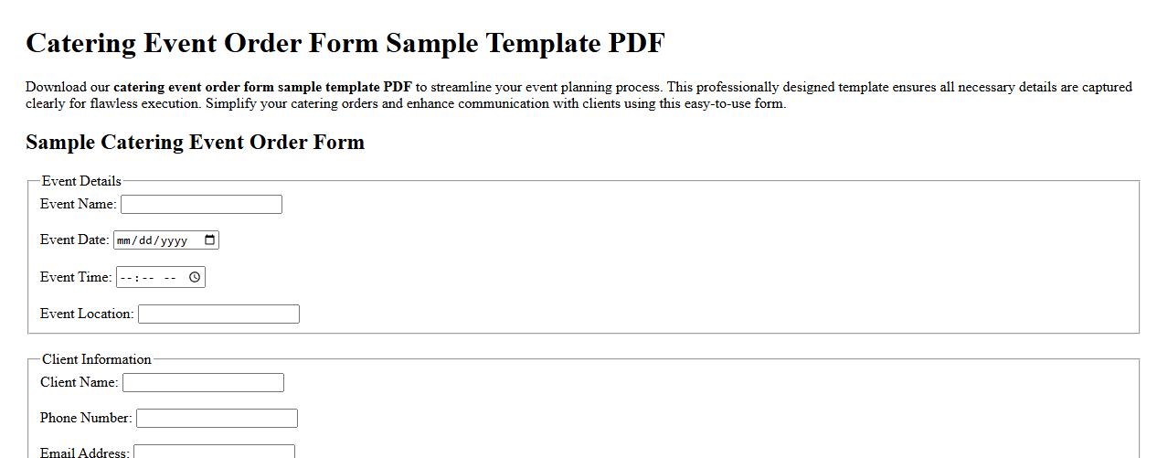 catering event order form sample template PDF image preview