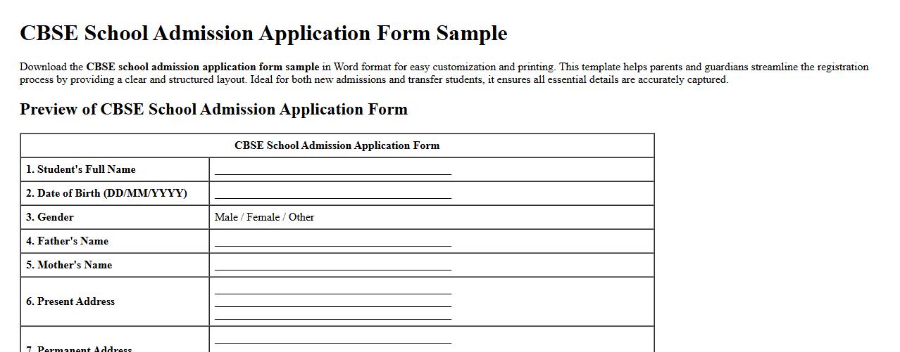 CBSE school admission application form sample in Word image preview
