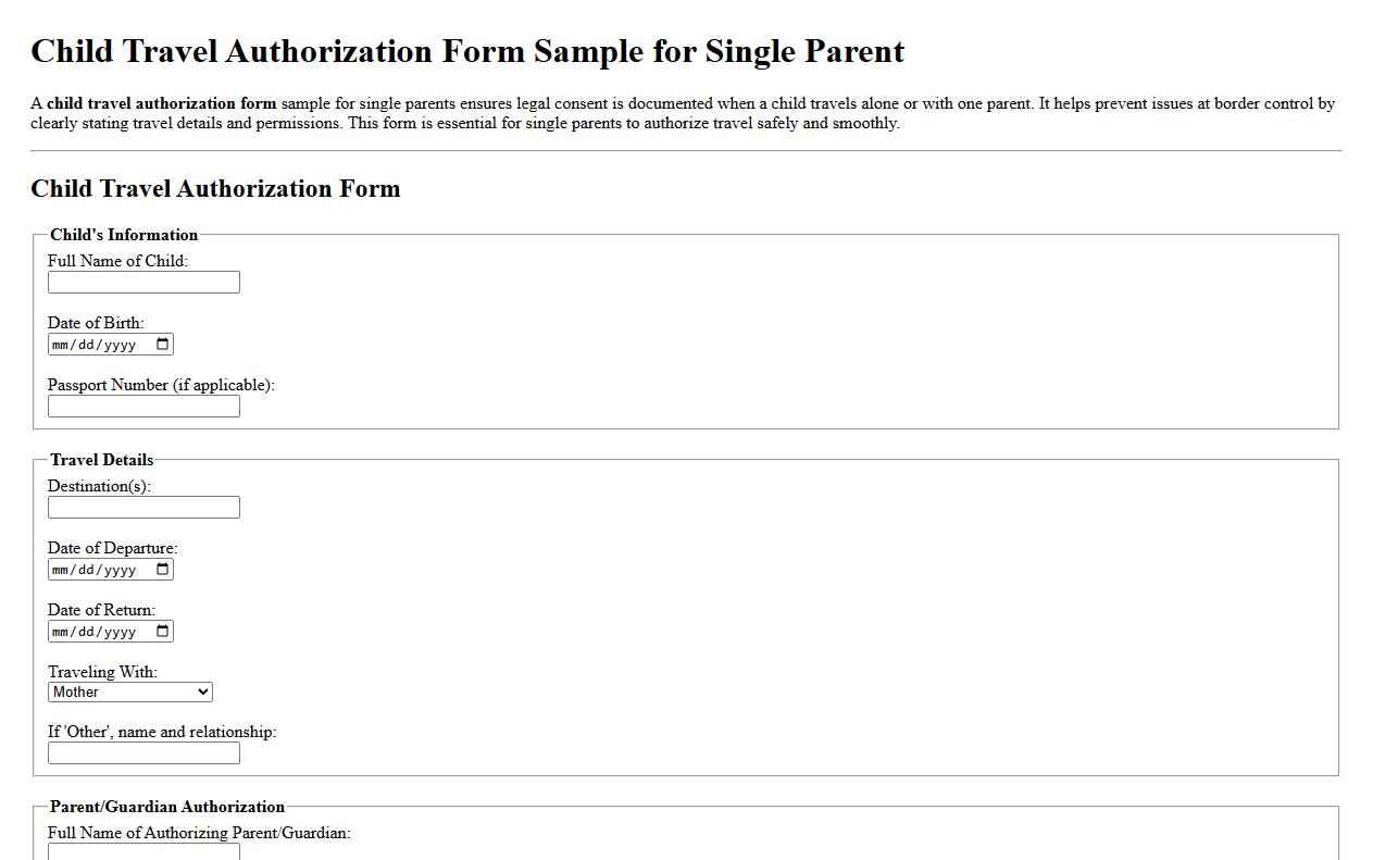 Child travel authorization form sample for single parent image preview