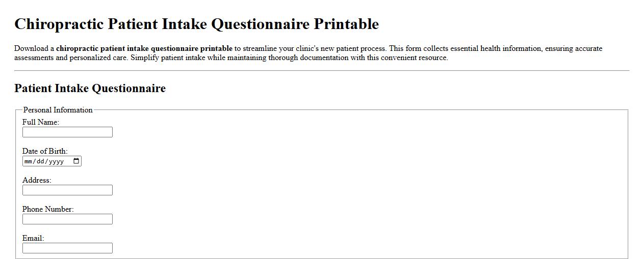 Chiropractic patient intake questionnaire printable image preview