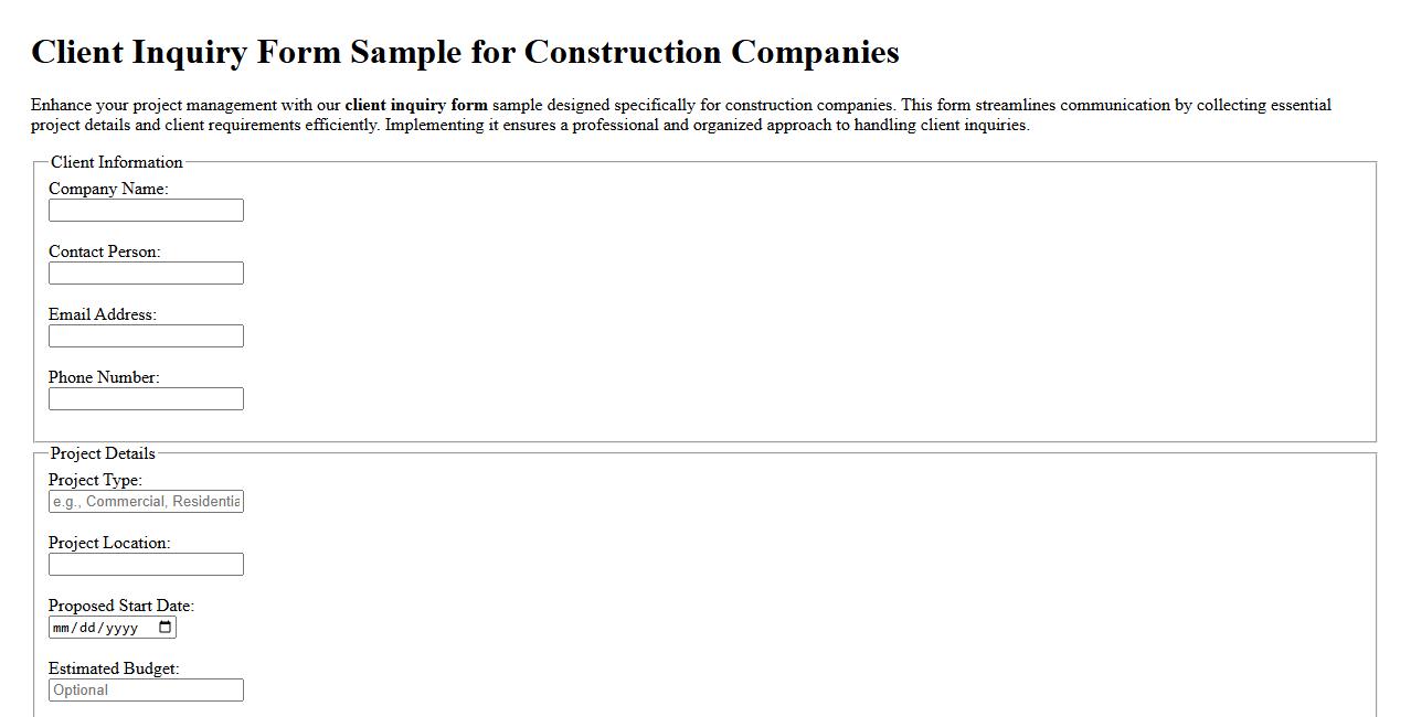Client inquiry form sample for construction companies image preview