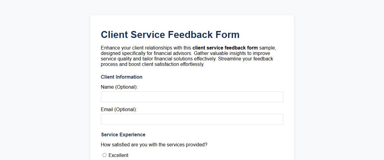 Client service feedback form sample for financial advisors image preview