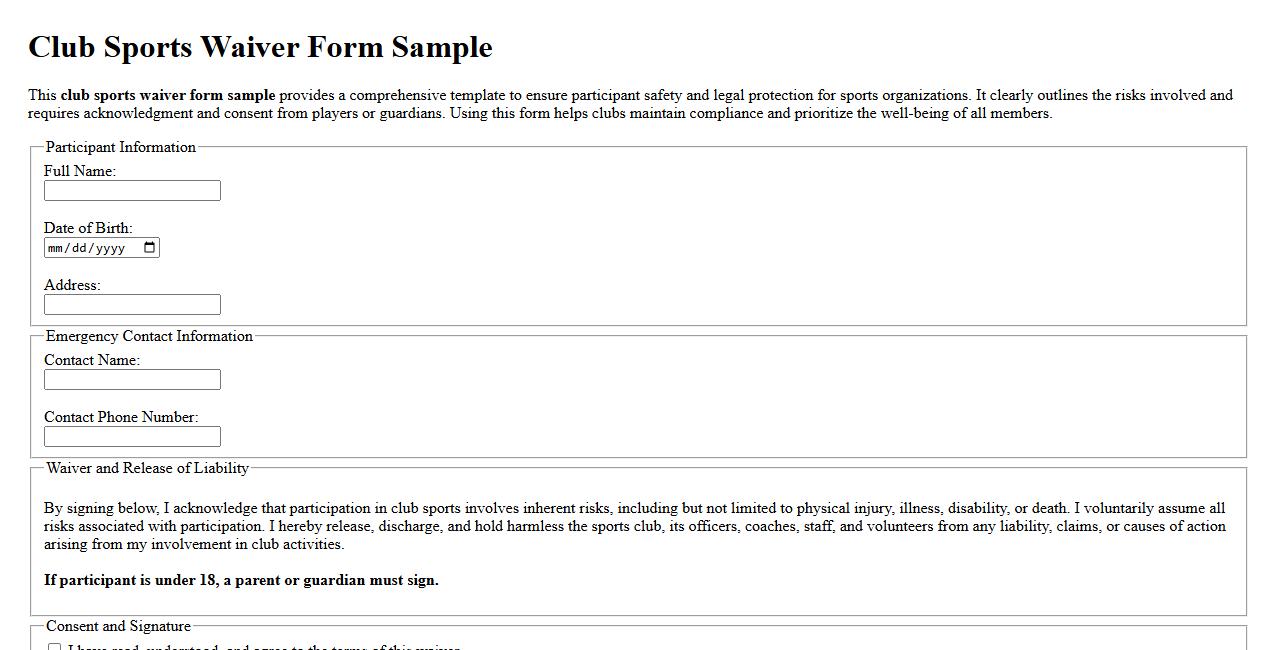 club sports waiver form sample image preview