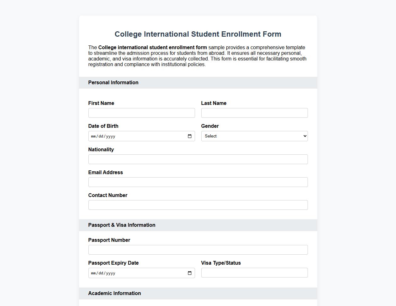 College international student enrollment form sample image preview